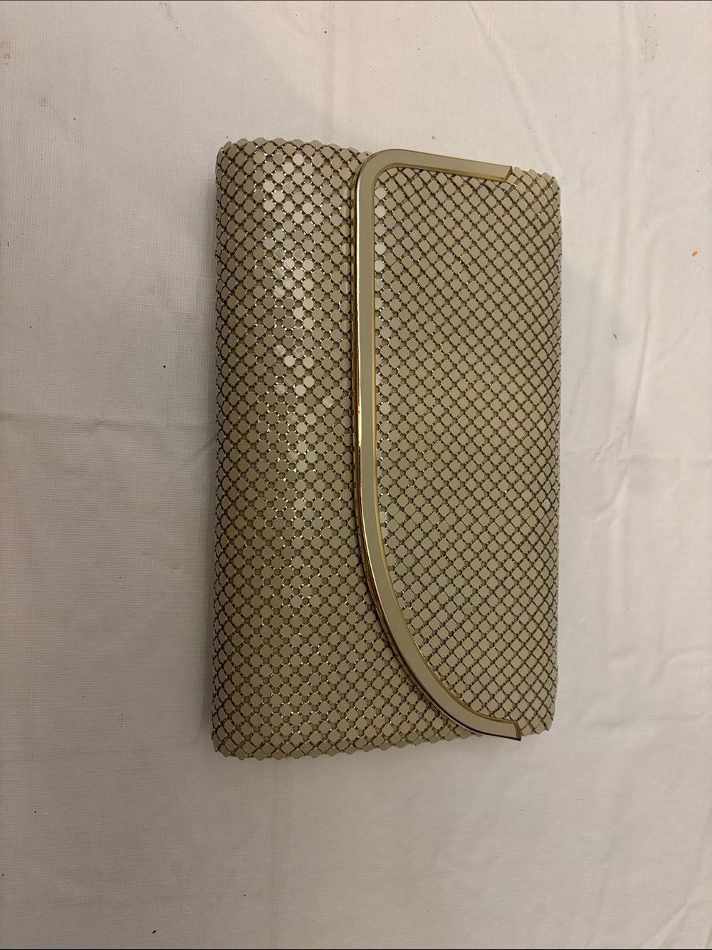 Elegant Beige Mesh Clutch Bag with Gold Trim